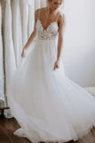 Ivory Backless Spaghetti Straps Tulle Beach Wedding Dress Lace Applique Bridal Dress N2415