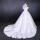Puffy Off the Shoulder Satin Wedding Dress, Ball Gown Long Bridal Dress With Long Train N2286