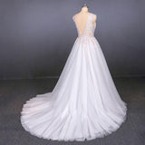 Sexy V Neck Tulle Wedding Dress With Lace Appliques, A Line Backless Bridal Dress N2287