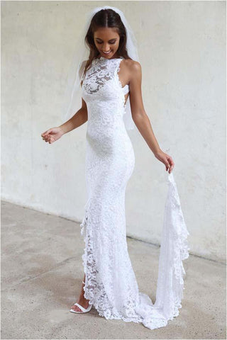 Sexy Mermaid Jewel Lace Backless Wedding Dresses With Court Train,Beach Wedding Dress,N339