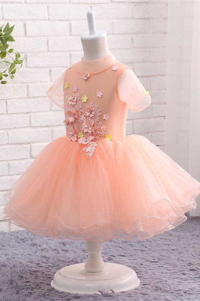 Cute Peach Short Flower Girl Dress For Weddings High Neck Short Sleeves Dress F062