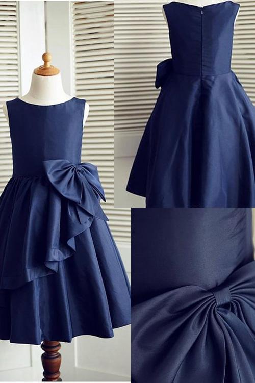 Navy Blue A-line Sleeveless Flower Girl Dress Pageant Dress with Bowknot,Cheap Child Dress,F009