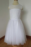 White A Line Sleeveless Tulle Flower Girl Dress With Bow, Lace Flower Girl Dress F027