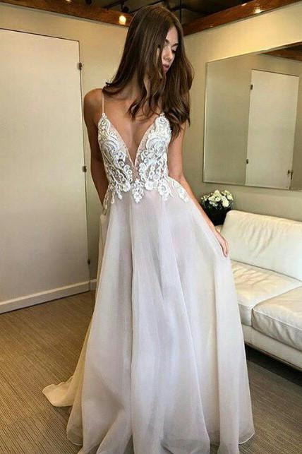 Deep V-neck Spaghetti Straps Lace Appliqued Beach Wedding Dress,Sexy Prom Dresses,N215