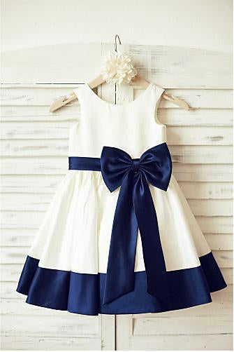 Ivory Flower Girl Dress with Navy Blue Belt,A-line Sleeveless Flower Girl Dress with Bowknot,F008