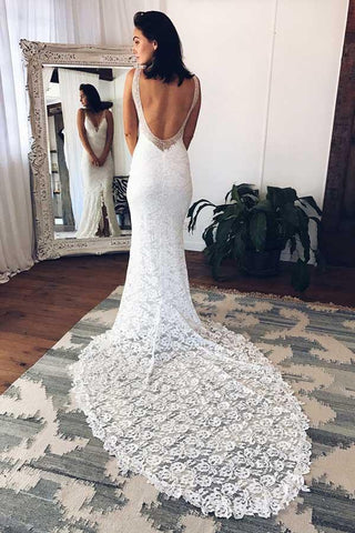 White Mermaid Deep V-Neck Court Train Split Backless Beach Lace Wedding Dress,N460