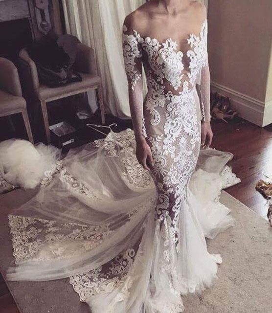 See-through Mermaid Wedding Dress,Lace Appliques Long Sleeves Sheer Tulle Bridal Dress,N202