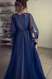 A Line Long Sleeve Long Evening Dress Charming Tulle Appliques Prom Dress