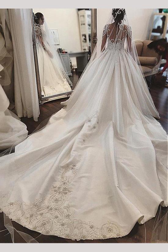 Attractive design Sheer Neck Long Illusion Sleeve Satin Wedding Dress with Applique,N652