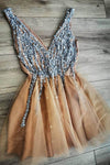 V Neck A-line Gorgeous Gold Short Party Dress With Beading Homecoming Dress