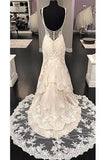 Luxurious V Neck Sleeveless Mermaid Long Lace Wedding Dress, Sweep Train Bridal Dress