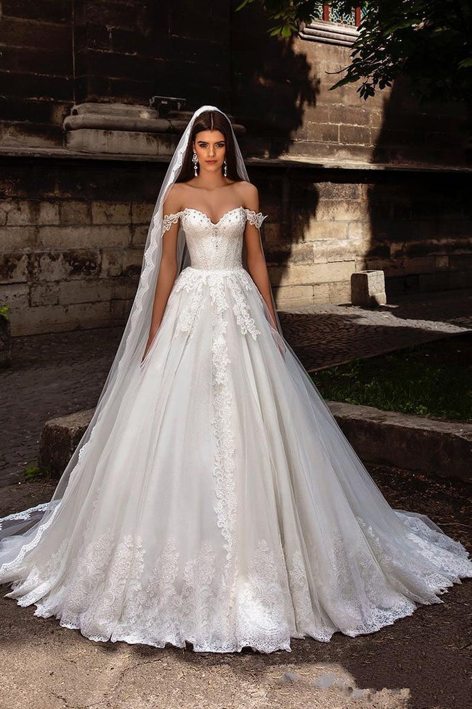 Gorgeous Off Shoulder Sweep Train Lace Up Back Tulle Wedding Dress with Appliques N2376
