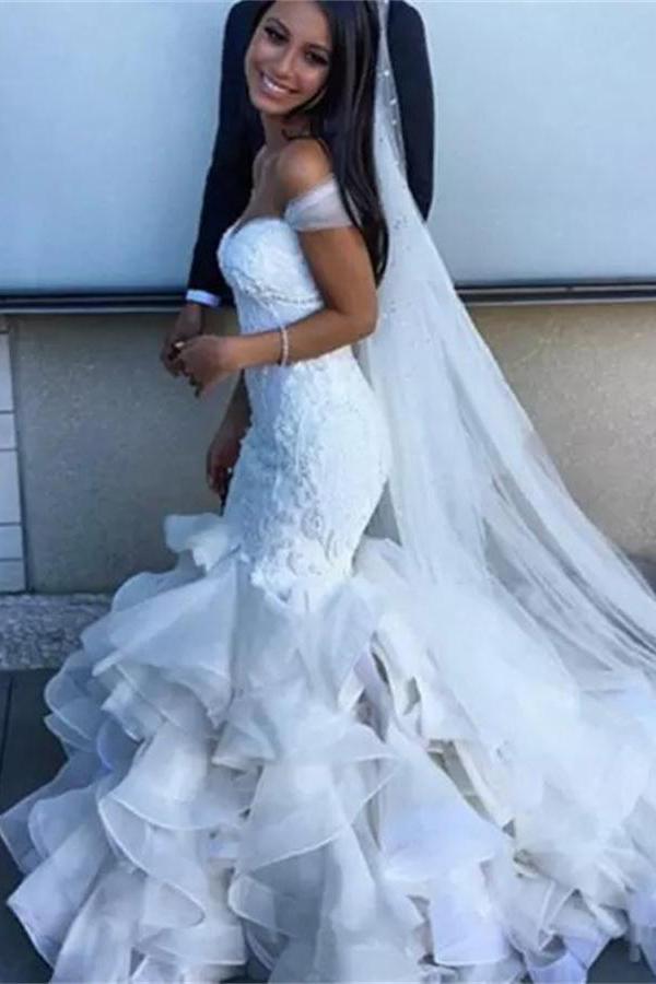 Gorgeous Off the Shoulder Mermaid Wedding Dress with Ruffles, White Bridal Gown