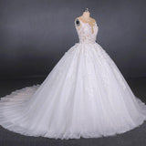 Ball Gown Sheer Neck Sleeveless White Wedding Dress Lace Appliqued Bridal Dress N2297