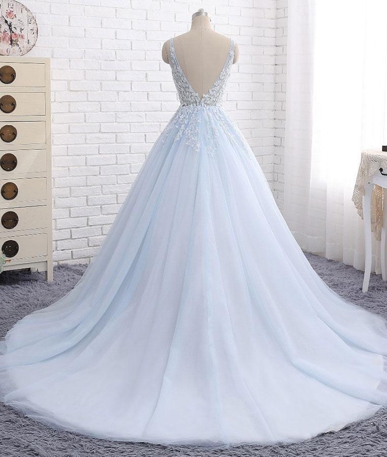 Light Blue V Neck Sleeveless Appliqued Tulle Ball Gown Wedding Dress Bridal Dresses