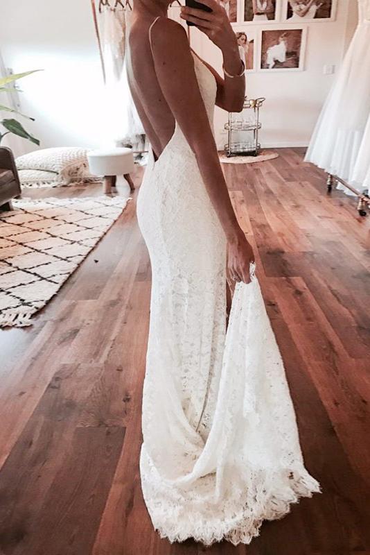 Sexy Mermaid Spaghetti Straps Backless Beach Lace Wedding Dress, Lace Bridal Dress N1361
