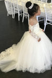 Ivory Long Sleeve Tulle Flower Girl Dress with Lace, Cheap Flower Girl Dress with Bowknot F041