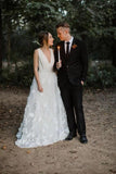 Ivory A Line V Neck Floor Length Sleeveless Wedding Dress Bridal Dress N2357