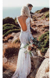 Long Sleeve Lace V Neck Boho Wedding Dress Beach Wedding Gown N1479