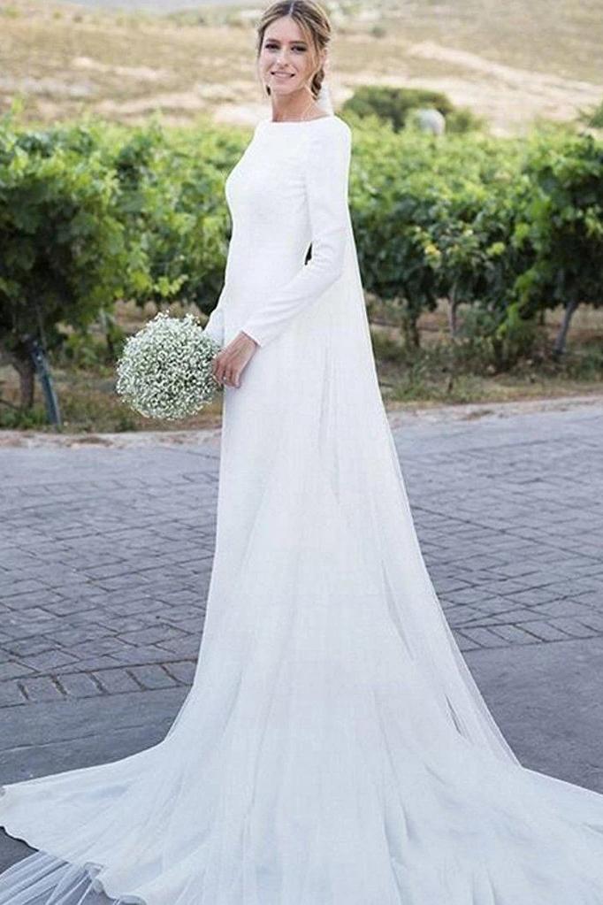 Simple Long Sleeve Sheath Wedding Dress Modest Long Country Wedding Dress N2258