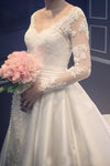 Elegant A Line V-Neck Appliques Long Sleeves Wedding Dress With Chapel Train N1227