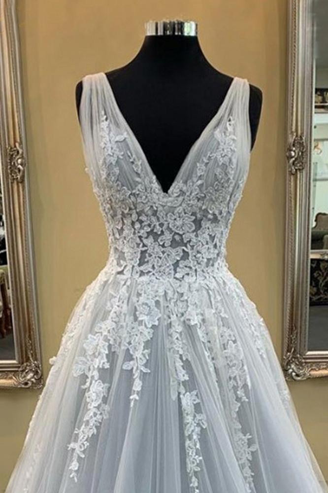 Puffy V Neck Sleeveless Tulle Wedding Dress Appliques Long Bridal Dress N2275