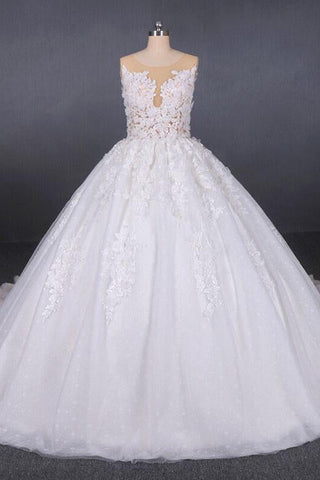 Ball Gown Sheer Neck Sleeveless White Wedding Dress, Lace Appliqued Bridal Dress N2297