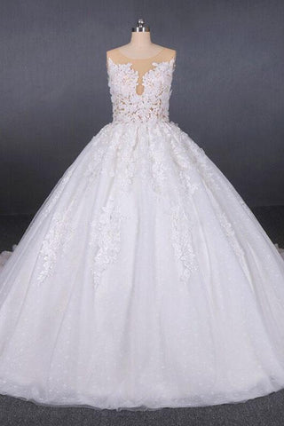 Ball Gown Sheer Neck Sleeveless White Wedding Dresses, Lace Appliqued Bridal Dress N2297