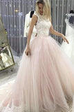 Pink Sleeveless Court Train Wedding Dress with Lace Appliques Bridal Dress