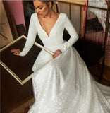 Elegant A Line Long Sleeves V Neck Beach Wedding Dress Long Bridal Dress N2552