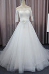 A Line 3/4 Sleeves Tulle Wedding Dress with Flowers, Fluffy Off Shoulder Bridal Dress with Lace