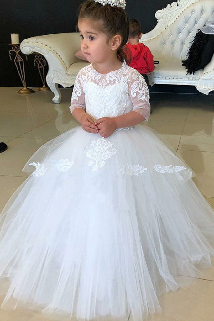 Cheap White Floor Length Half Sleeves Tulle Flower Girl Dress with Lace Appliques