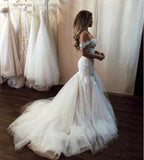 Off the Shoulder Mermaid Wedding Dress with Lace Long Tulle Bridal Dress with Train N1382