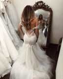 Off the Shoulder Mermaid Wedding Dress with Lace Long Tulle Bridal Dress with Train N1382