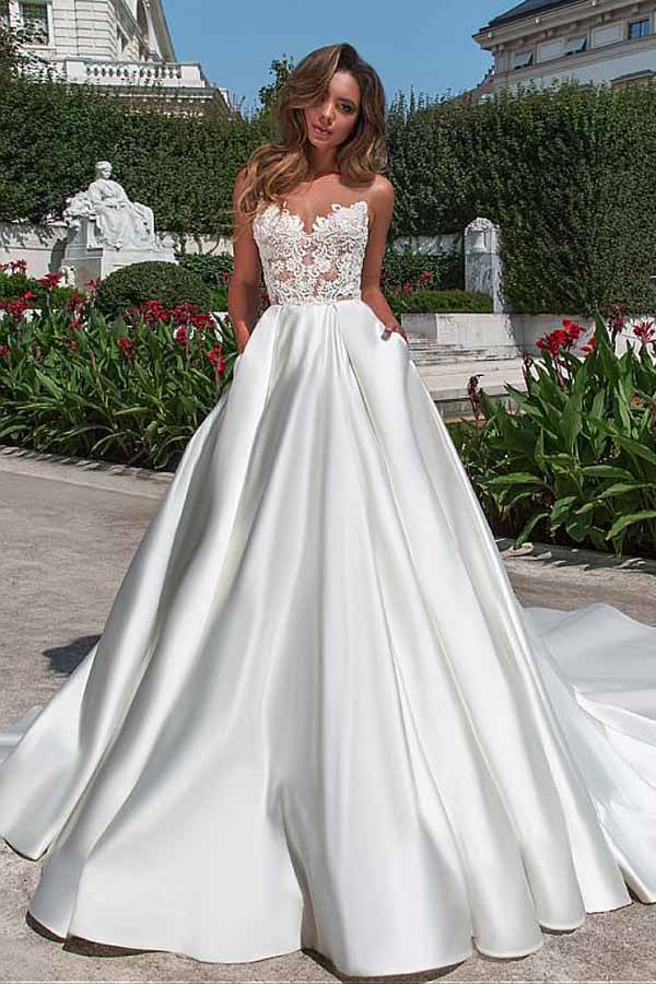 Charming Sheer Neckline A-line Satin Wedding Dress With Pockets Lace Appliques N1338