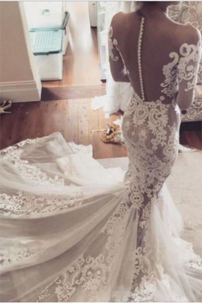 See-through Mermaid Wedding Dress,Lace Appliques Long Sleeves Sheer Tulle Bridal Dress,N202