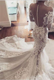See-through Mermaid Wedding Dresses,Lace Appliques Long Sleeves Sheer Tulle Bridal Dresses,N202