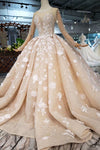 Champagne Princess Long Sleeves Ball Gown Wedding Dress, Puffy Wedding Gown With Beads N1630