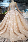 Champagne Princess Long Sleeves Ball Gown Wedding Dresses, Puffy Wedding Gown with Beads N1630