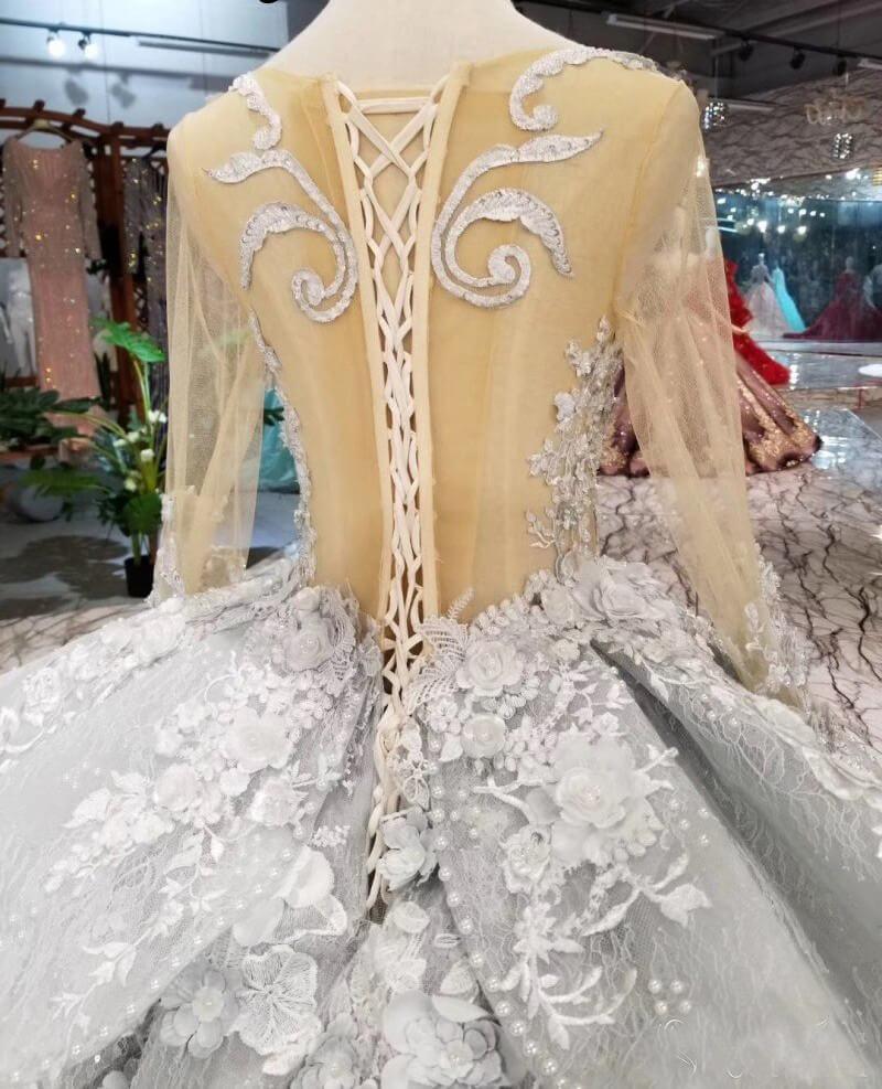 See Through Bodice Big Wedding Dress With Flowers Long Sleeve Quinceanera Dress N1282