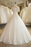 Floor Length Puffy Wedding Dress Off-the-shoulder Ball Gown Lace Ivory Bridal Gown N1255