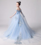 Beauty Blue Off the Shoulder Applique Flower Girl Dress,Long Sweep Train Flower Girl Dress F080