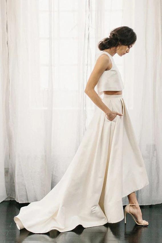 Cheap Two Pieces High Low Satin Wedding Dress, A Line Jewel Bridal Dresses N2593