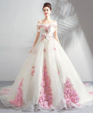 Unique Off the Shoulder Tulle Wedding Dress With Pink Flowers, Ball Gown Wedding Gown N2584