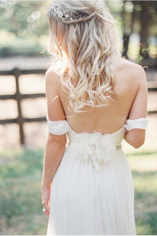 Simple Off the Shoulder Beach Wedding Dress With Beading Waist, Ivory Wedding Dress N1330