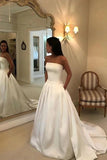 Cheap Strapless Satin Long Wedding Dress, A Line Satin Bridal Dress With Pockets N2633