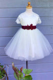 Lace Flower Girl Dress, Tulle Country Wedding Flower Girl Dress with Short Sleeves F054