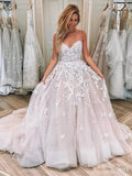 Spaghetti Strap Sleeveless Lace Applique Wedding Dress Puffy Long Bridal Gown N1279