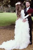 A-Line Ivory Sweep Train Tulle Long Sleeves Beach Wedding Dress with Ruffles N1232