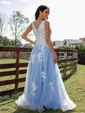 A-Line/Princess V-neck Sky Blue Sleeveless Appliques Tulle Long Prom Dress